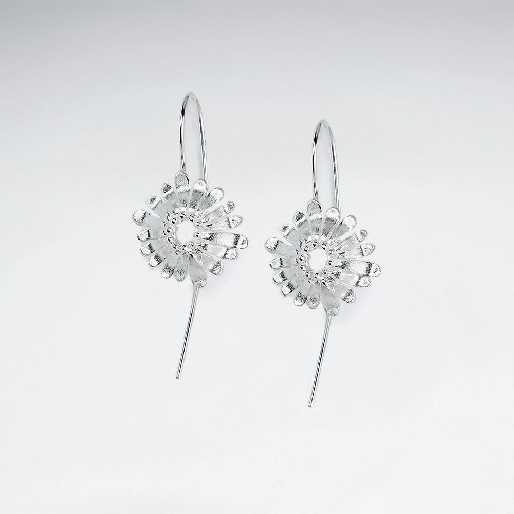 Delicate Silver Flower Blossom Style Drop Hook Earrings