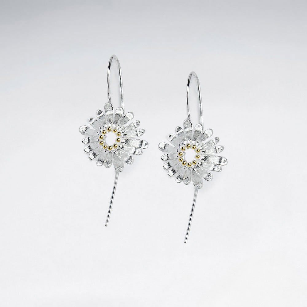 Delicate Silver Flower Blossom Style Drop Hook Earrings