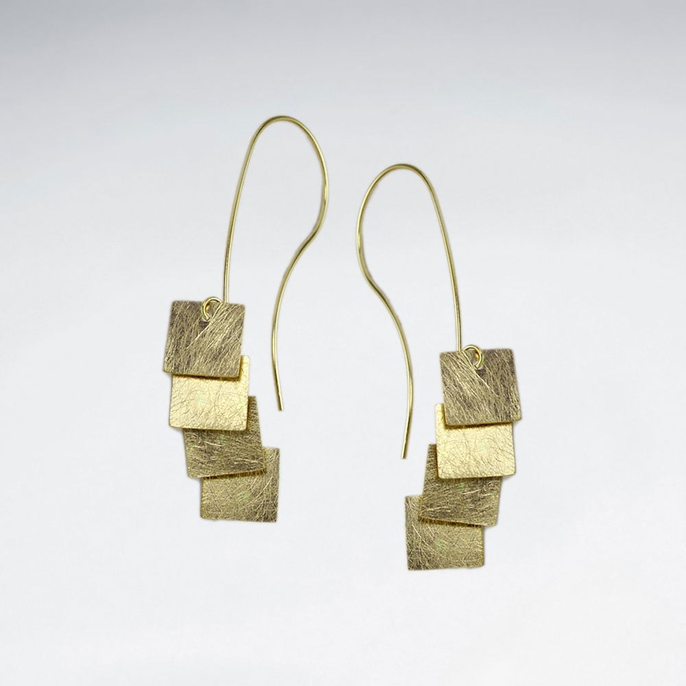 Quadruple Square Charm Dangle Tier Silver Earrings
