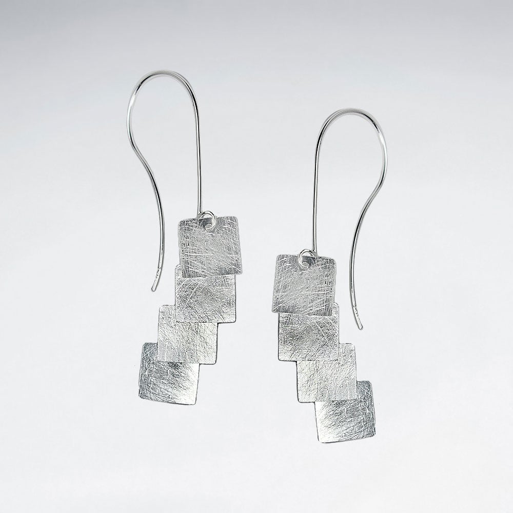 Quadruple Square Charm Dangle Tier Silver Earrings