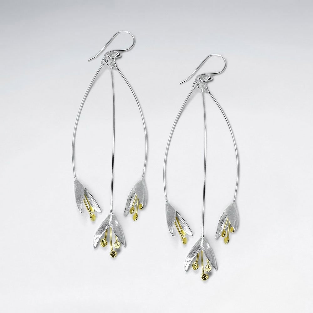 Stunning Wishbone Upturned Flower Buds Drop Charm Earrings