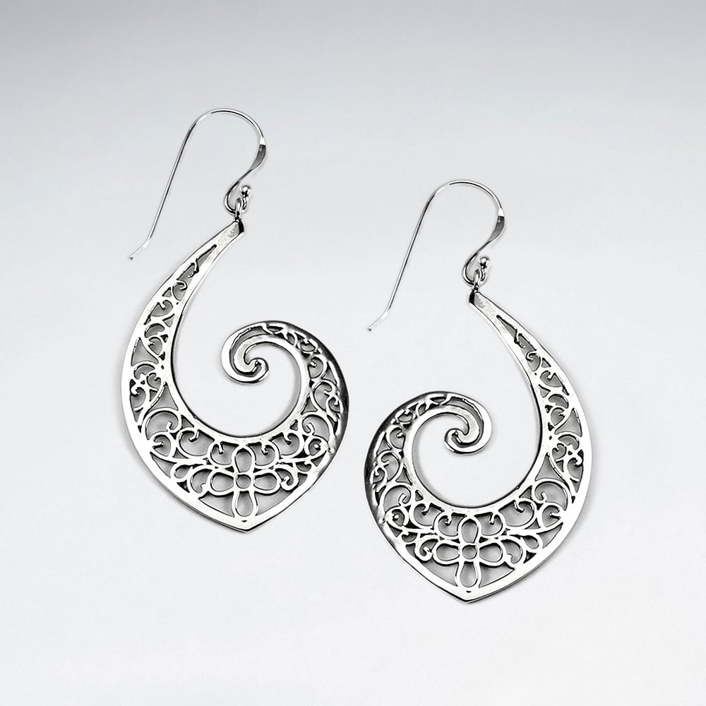 Oxidized Silver Filigree Spiral Dangle Earrings
