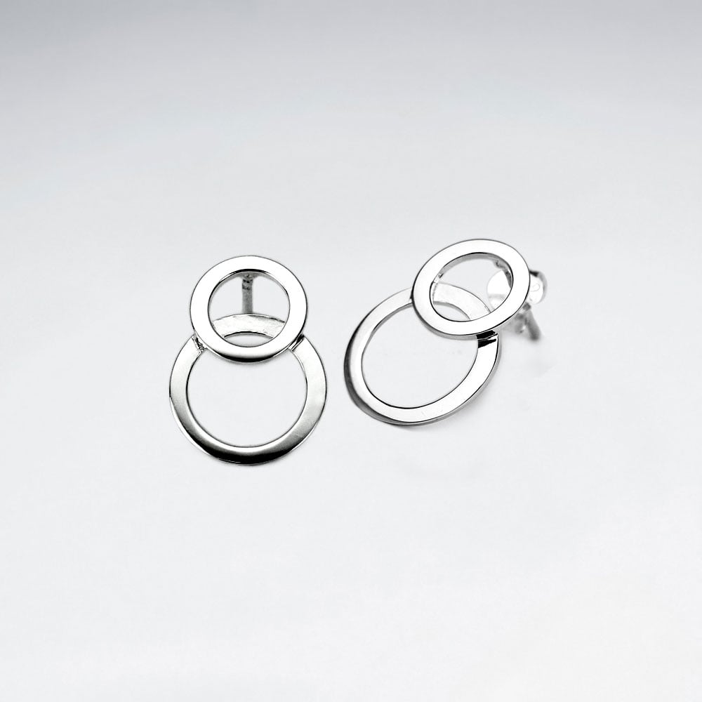 Modern Sterling Silver Stud Double Overlapped Circle Earrings