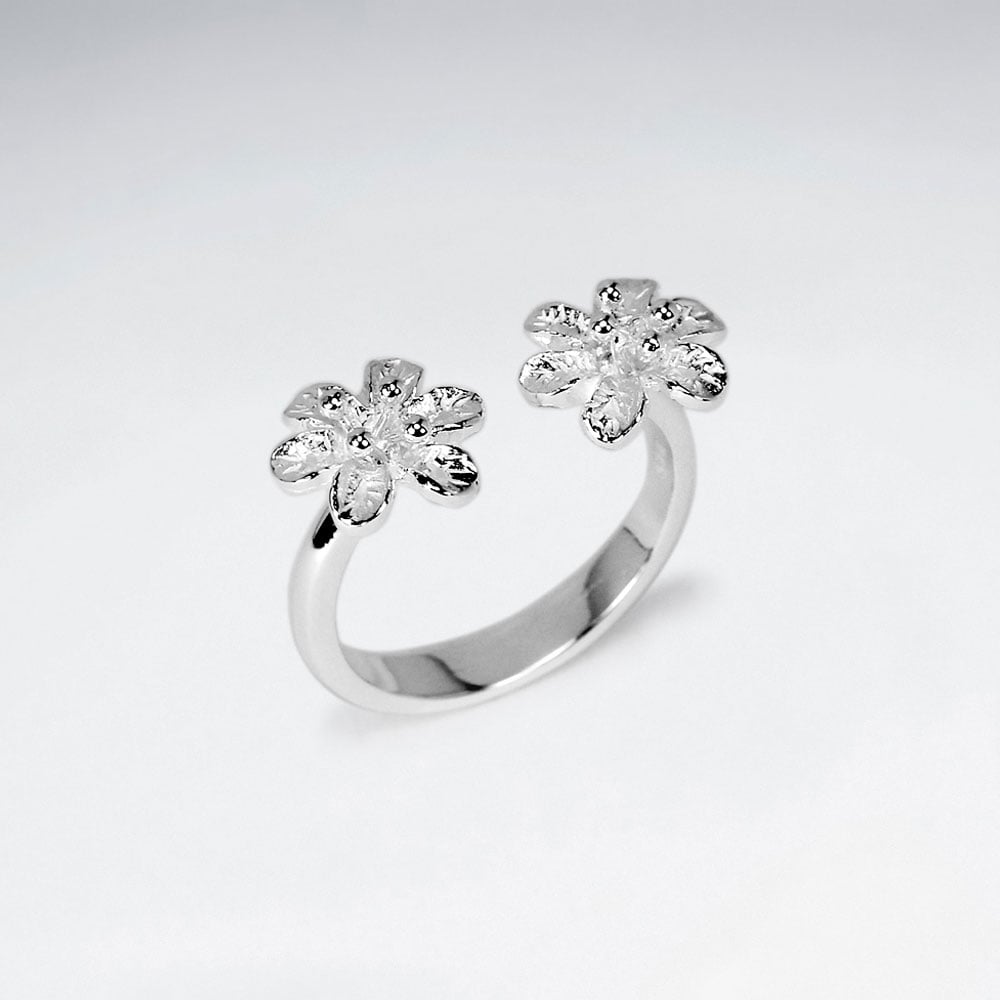 Sterling Silver Open End Double Flower Style Ring
