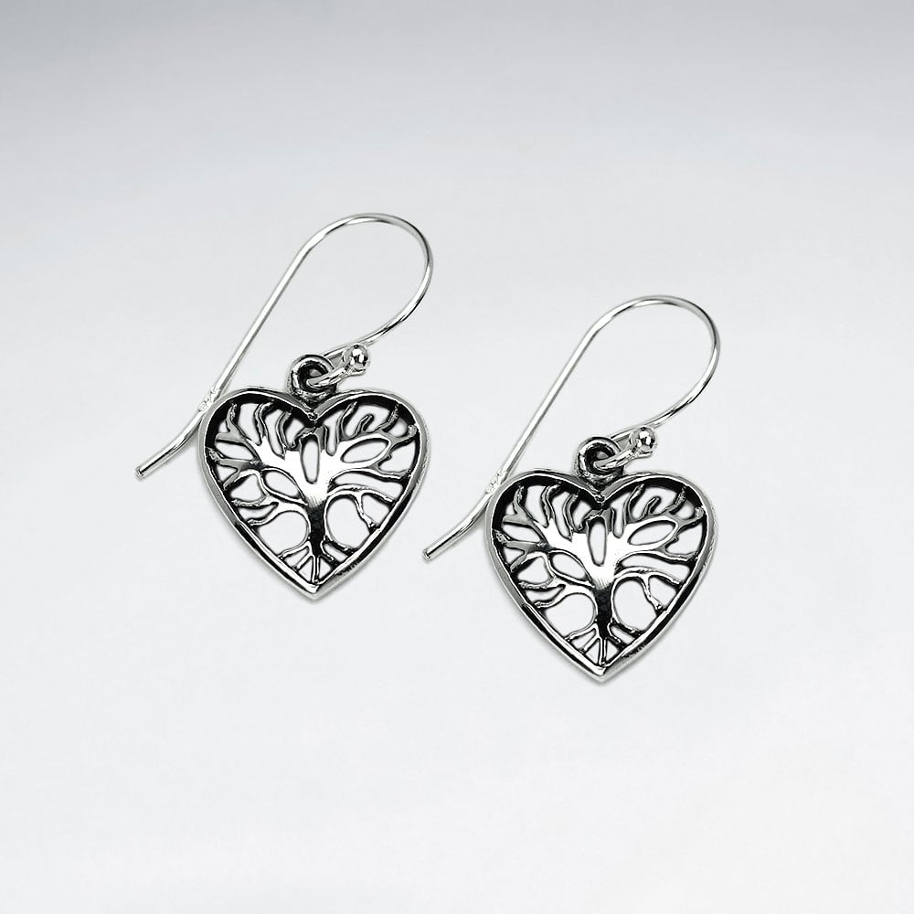 925 Oxidized Silver Tree Of Life Heart Earrings