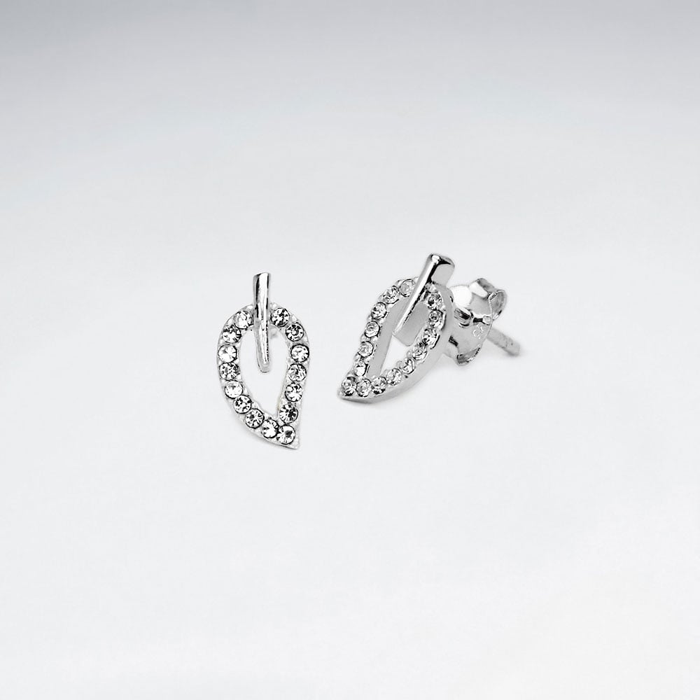 Sterling Silver Leaf Design With Crystal Stud Earrings