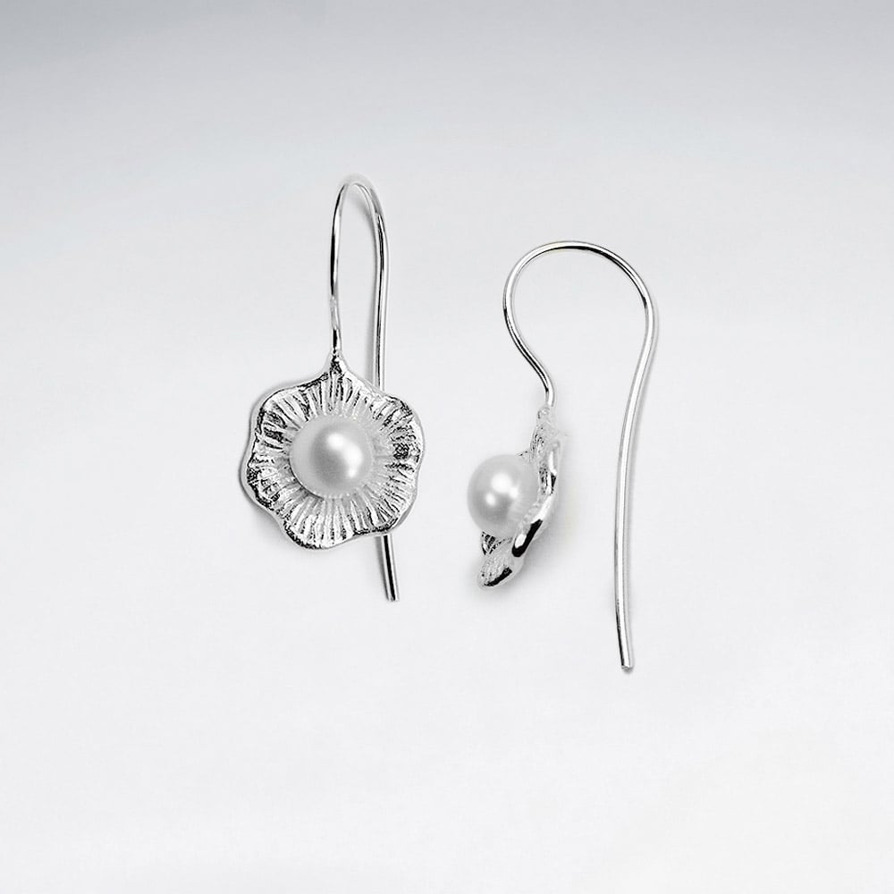 Sterling Silver Leaf Design With Pearl Hook Earrings