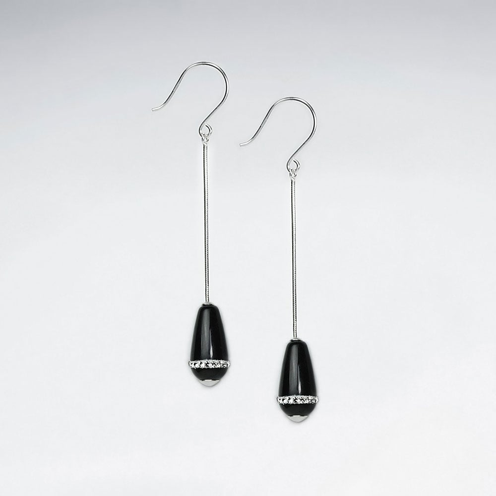 Drop Black Gemstone Dangle Drop Earrings With White CZ Stripe