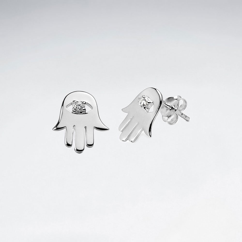 Hamsa Hand Evil Eye With Cubic Zirconia Sterling Silver Stud Earrings