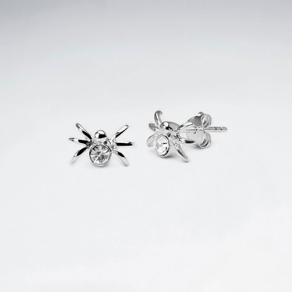Sterling Silver Spider With Crystal Stud Earrings