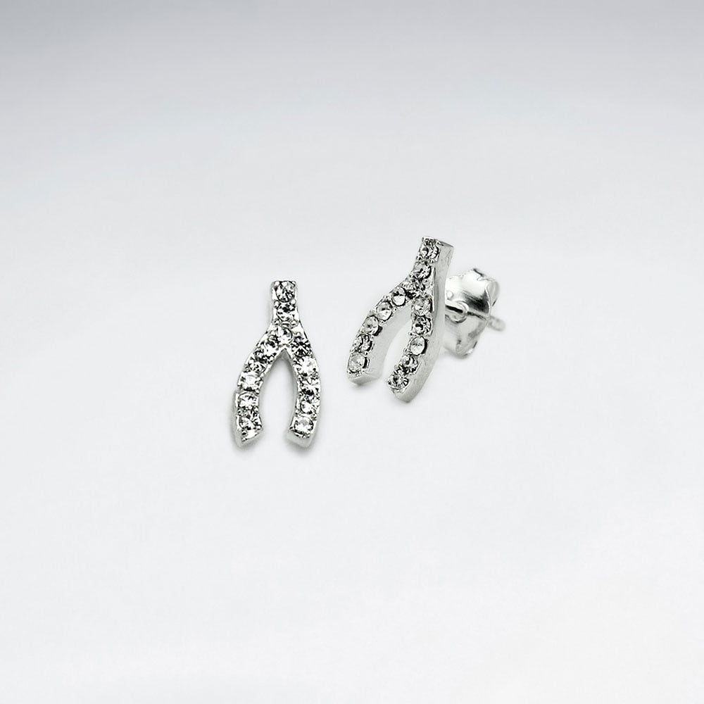 Sterling Silver Wishbone With Crystal Stud Earrings