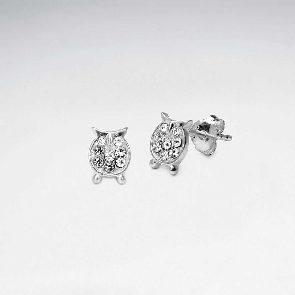 Sterling Silver Owl With Crystal Stud Earrings