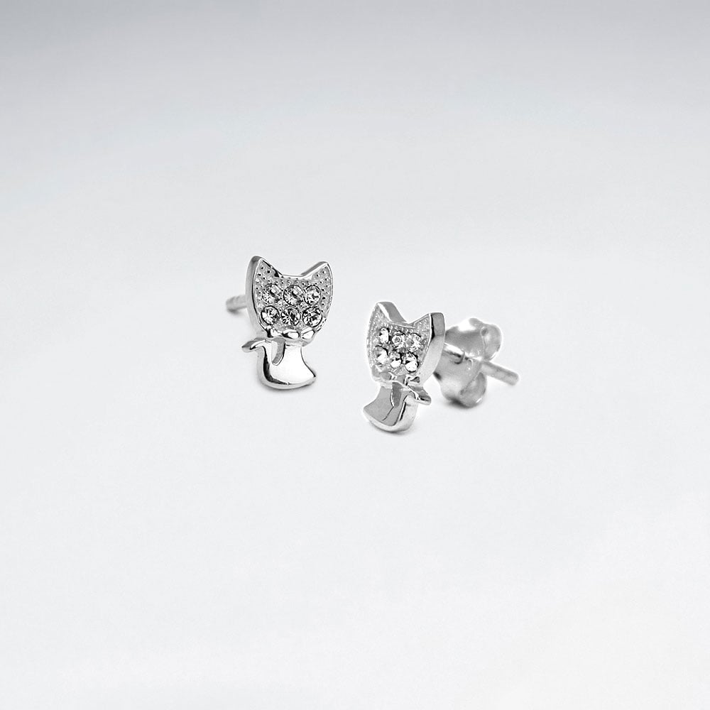 Sterling Silver Kitten With Crystal Stud Earrings
