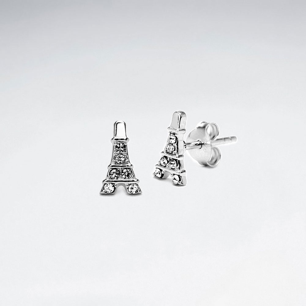 Sterling Silver Eiffel Tower With Crystal Stud Earrings