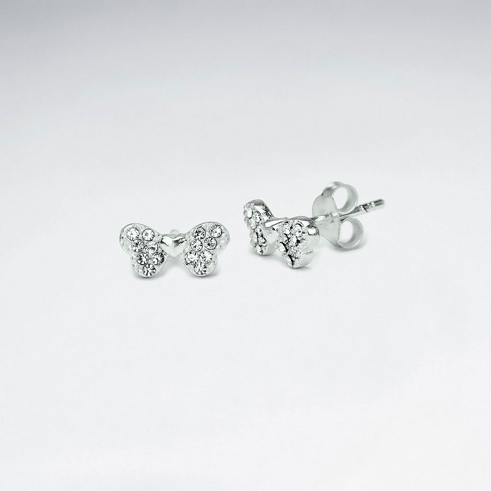 Sterling Silver Bow With Crystal Stud Earrings