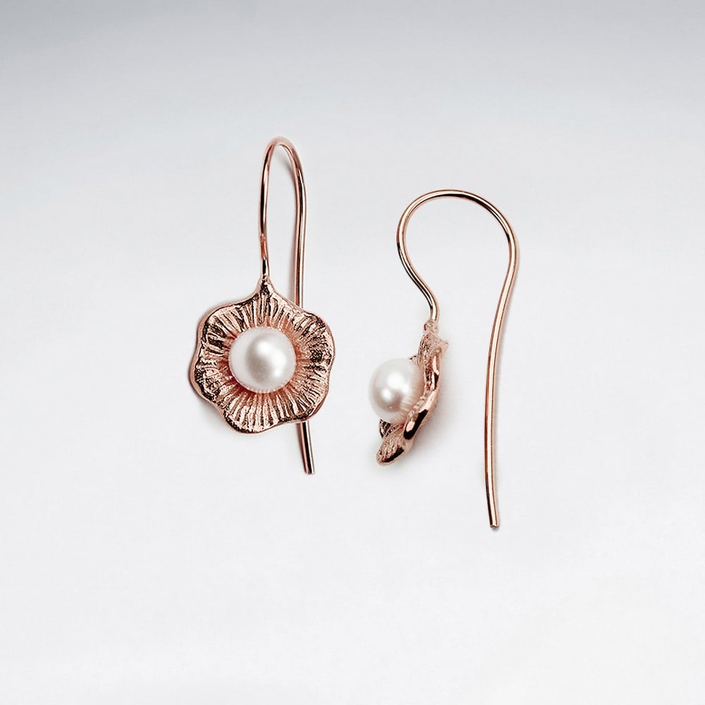 Sterling Silver Leaf Design With Pearl Hook Earrings