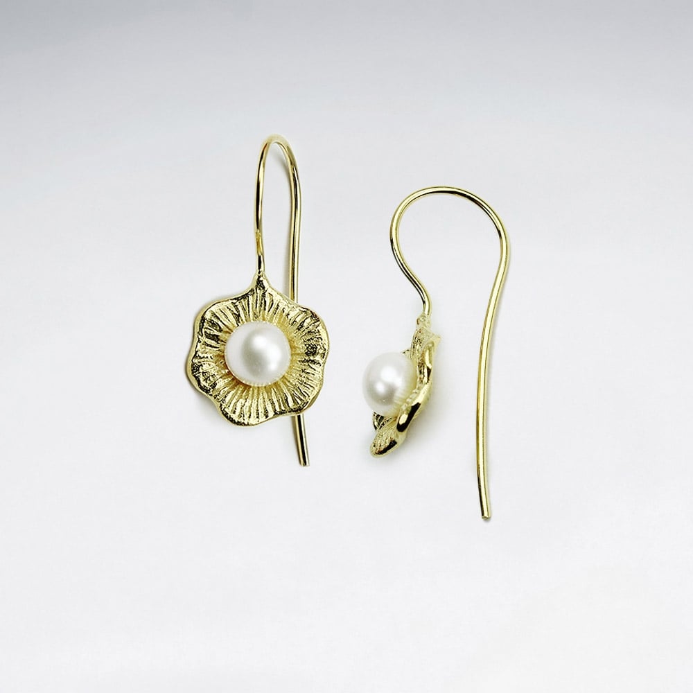 Sterling Silver Leaf Design With Pearl Hook Earrings