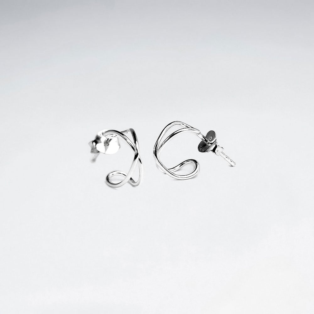 Crisscross Tubular Silver Half Hoop Earrings