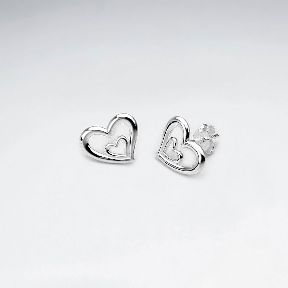 Duel Hearts Openwork Silver Stud Earrings