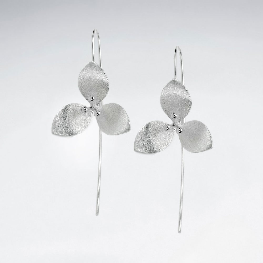 Matte Silver Triple Petal Long Thread Hook Flower Earrings