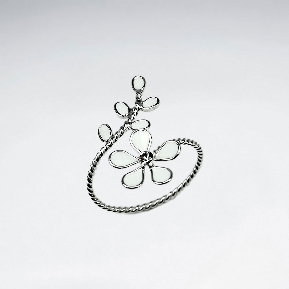 Sterling Silver Crystal Floral Wrap Enamel Ring