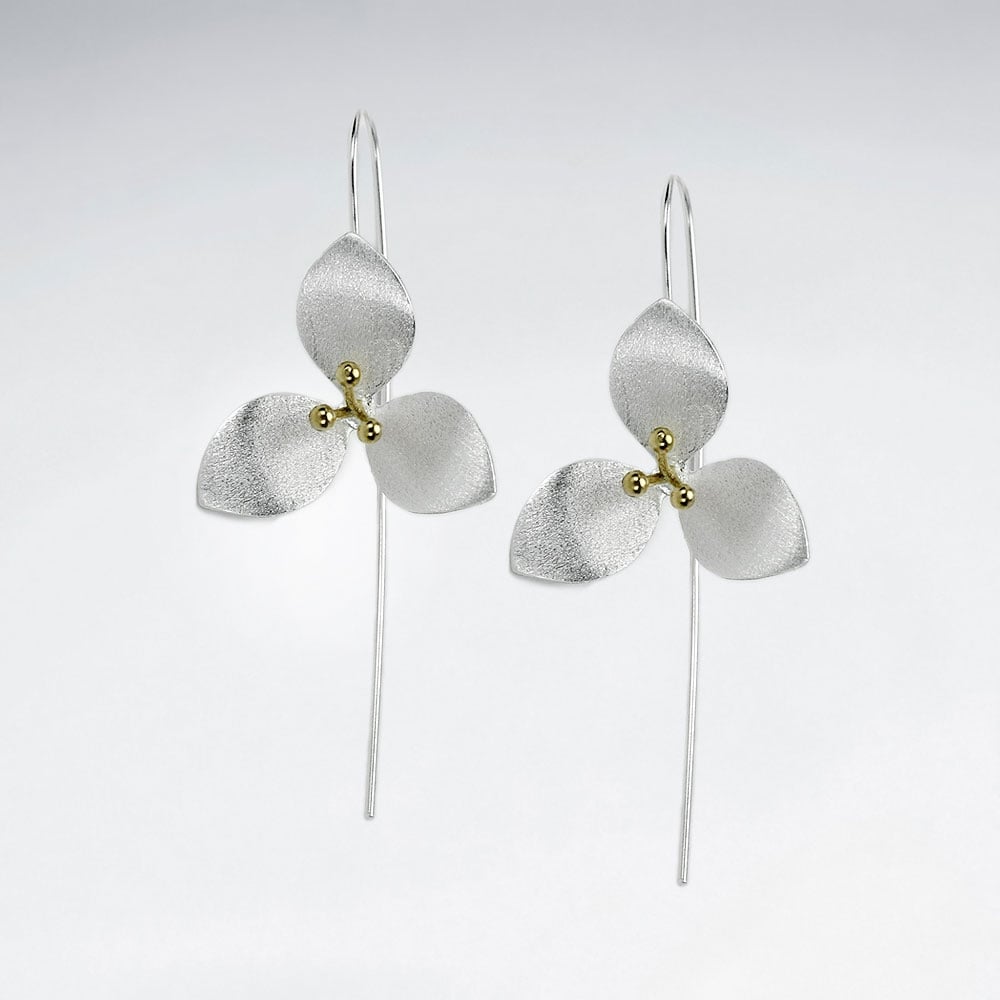 Matte Silver Triple Petal Long Thread Hook Flower Earrings