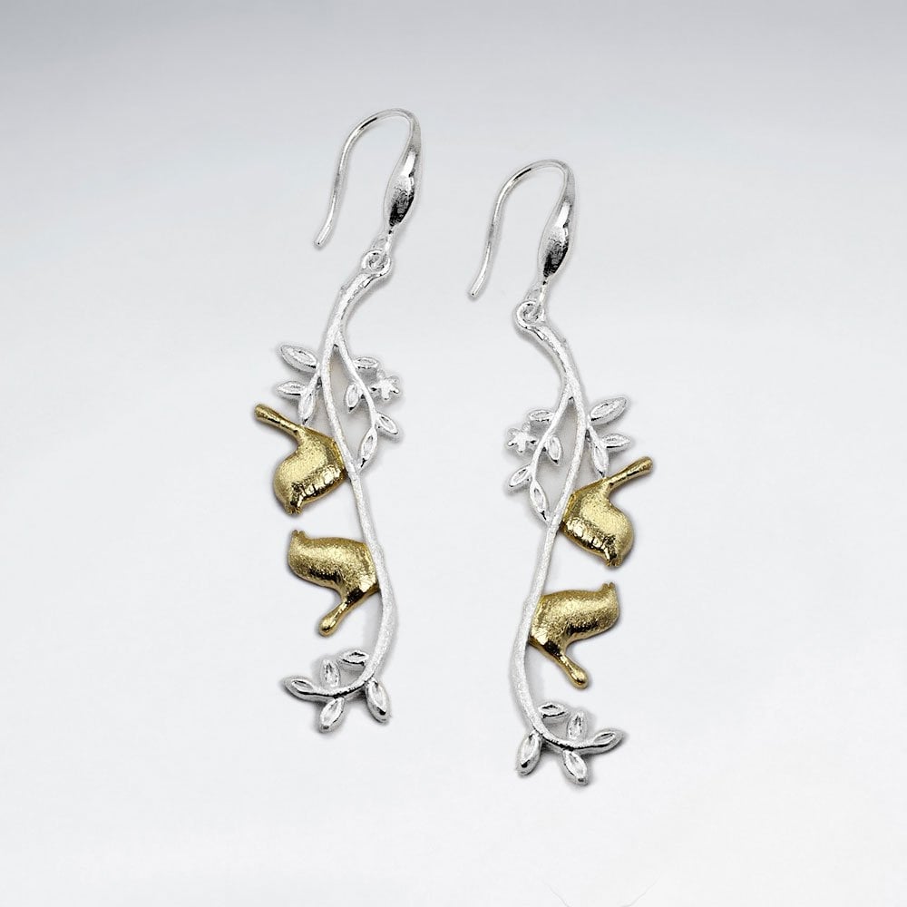 Abstract Floral Stem With Bird Drop Hook Earrings
