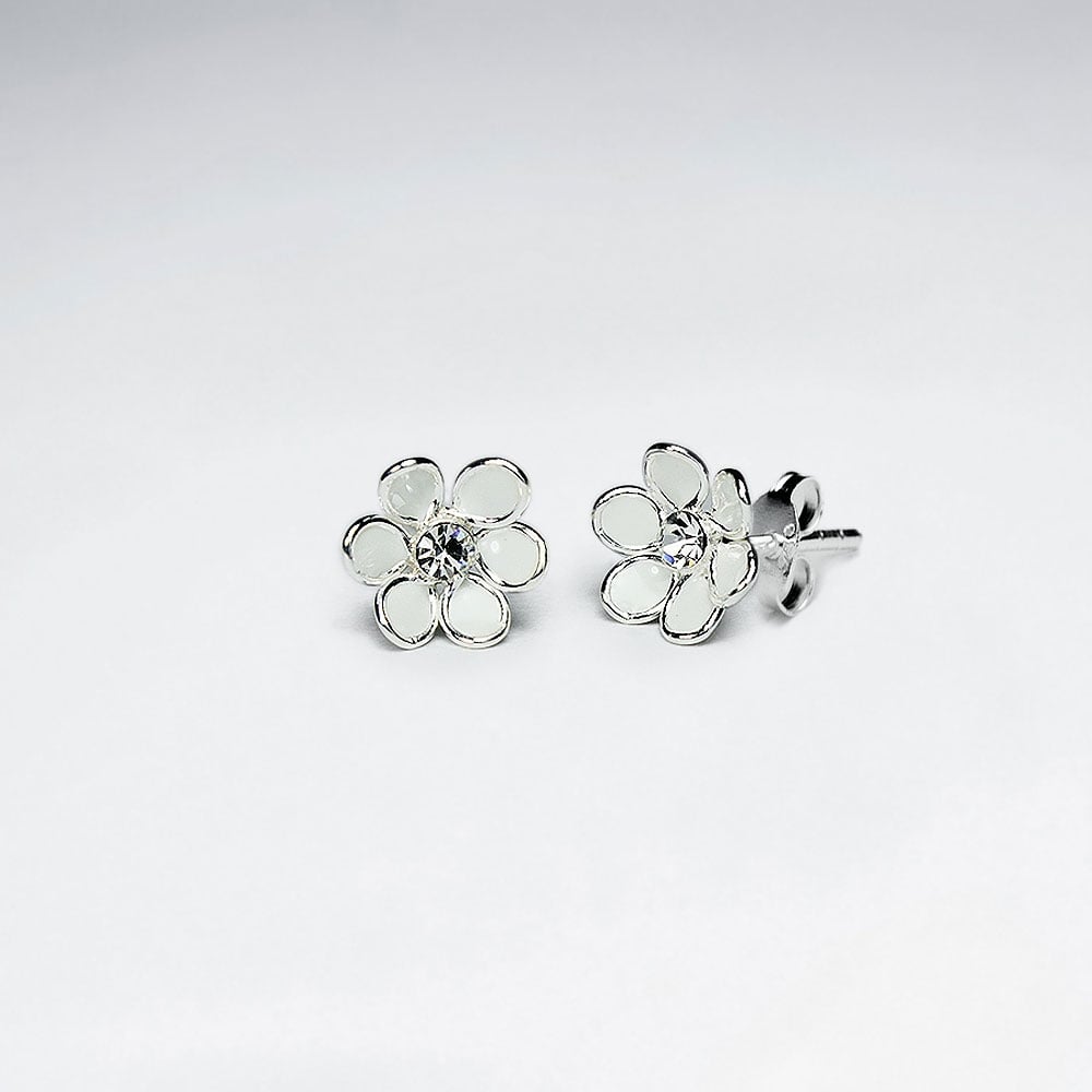 Green Blossom Daisy Enamel Silver Stud Earring With White CZ