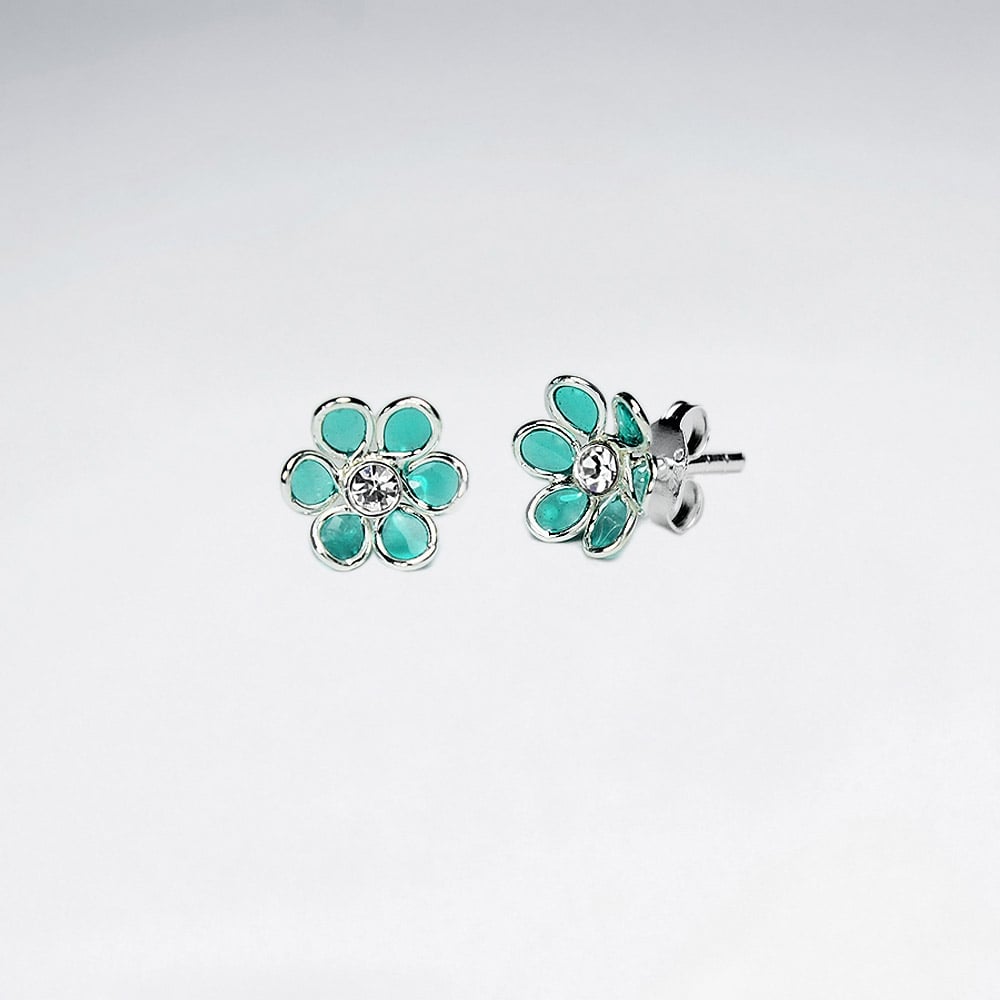 Green Blossom Daisy Enamel Silver Stud Earring With White CZ