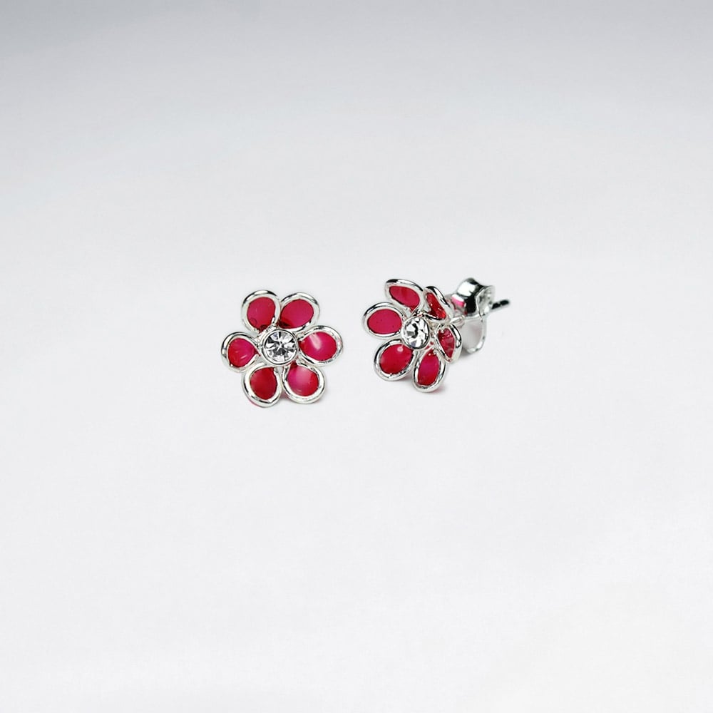 Green Blossom Daisy Enamel Silver Stud Earring With White CZ