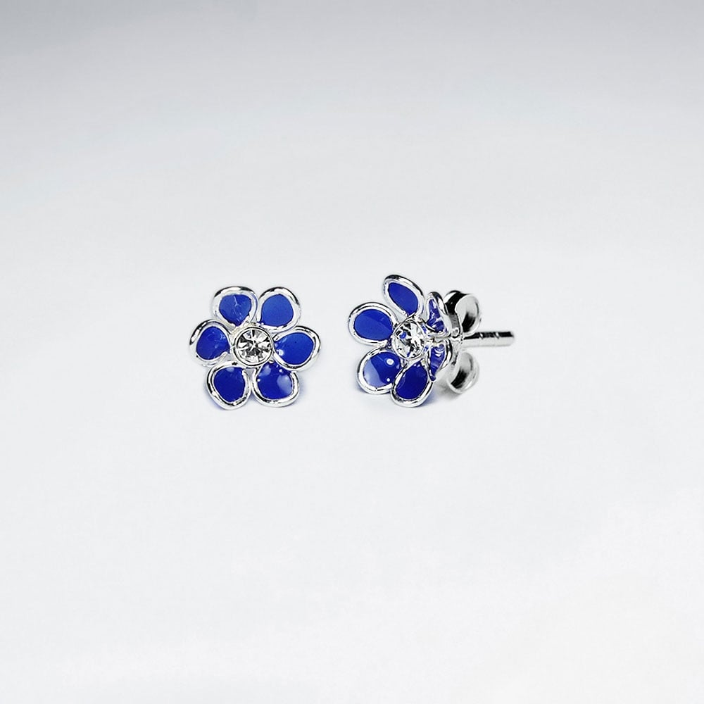 Green Blossom Daisy Enamel Silver Stud Earring With White CZ