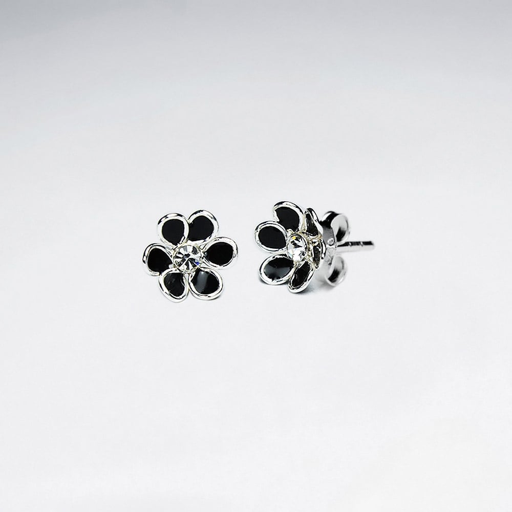 Green Blossom Daisy Enamel Silver Stud Earring With White CZ