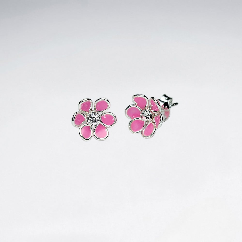 Green Blossom Daisy Enamel Silver Stud Earring With White CZ