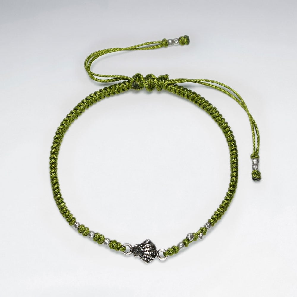 7" Adjustable Green Macrame Bracelet With Shell Silver Charm
