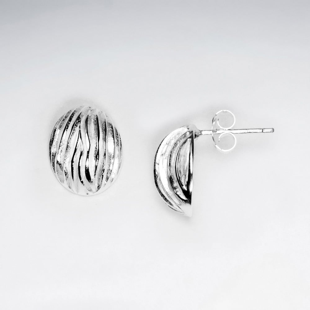 Silver Half Shell Lined Stud Earrings