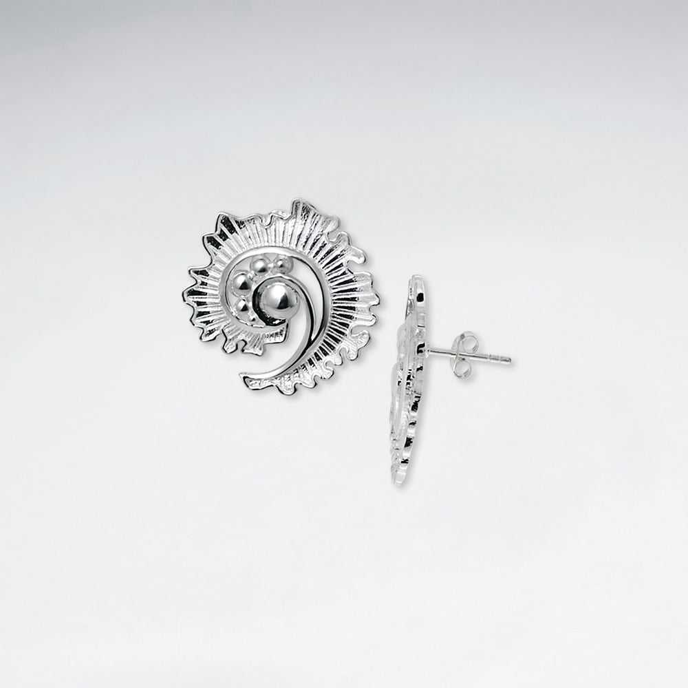 Spunky Modern Swirl Vortex Polished Silver Stud Earrings