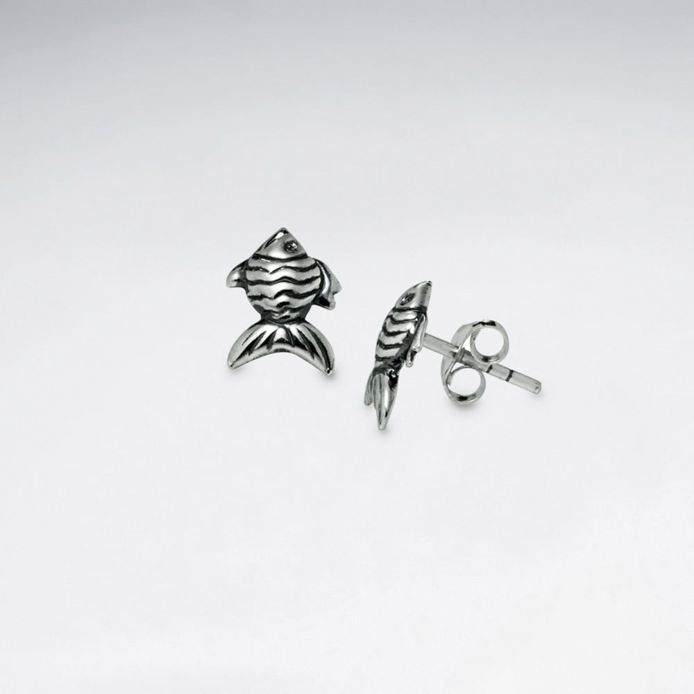 Oxidized Silver Petite Textured Fish Shape Stud Earrings