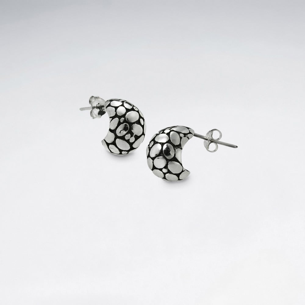 Oxidized Silver Petite Half Hoop Stud Post Scale Textured Earrings