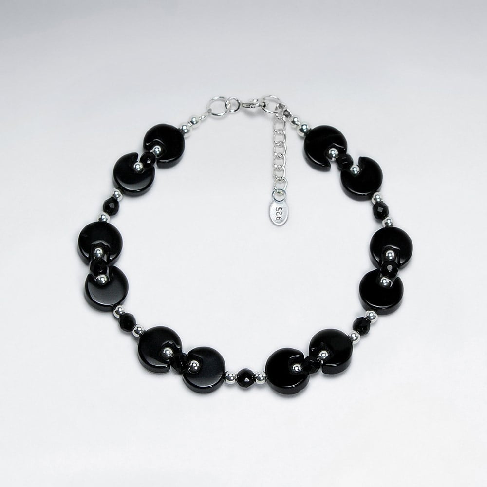 7" Black Stone Cable Silver Bracelet With Small Faceted Black Beads
