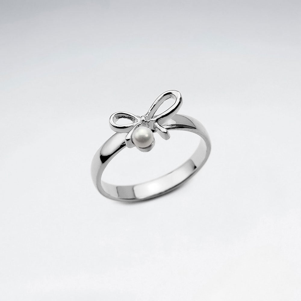 Sterling Silver Bow With Pearl Ring