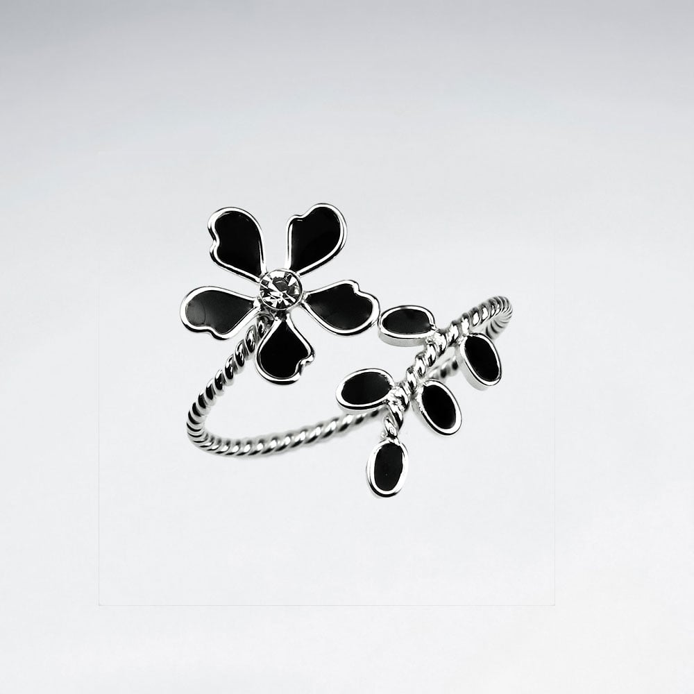 Sterling Silver Crystal Floral Wrap Enamel Ring