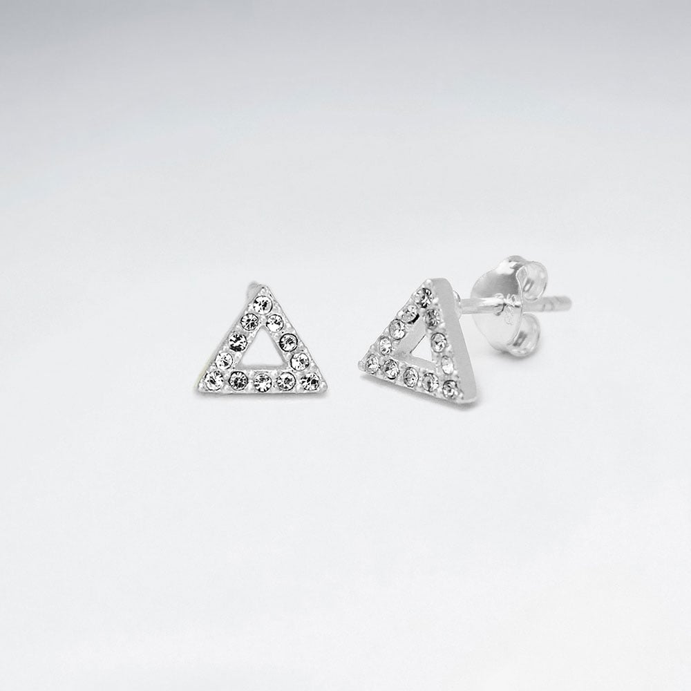 Crystal Encrusted Sterling Silver Openwork Triangle Earrings