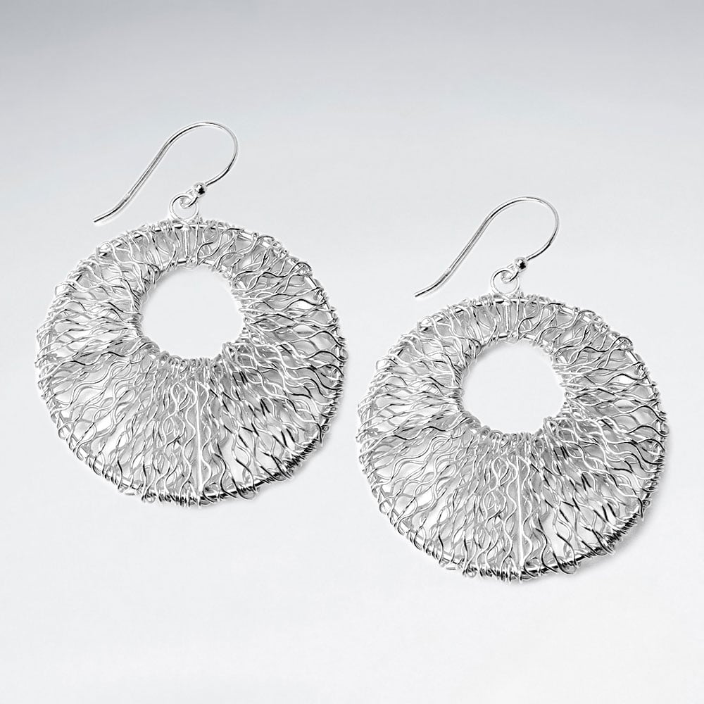 Sterling Silver Textured Flat Hoop Dangle Earrings