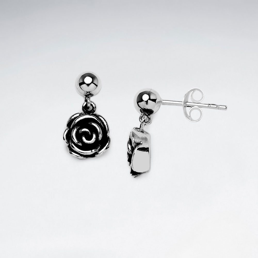 Oxidized Silver Rose Dangle Stud Earrings