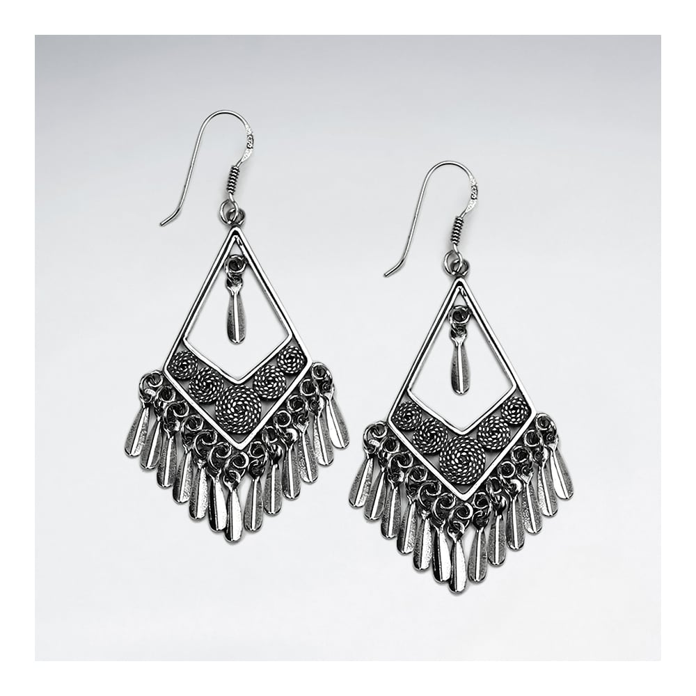 Oxidized Sterling Silver Triangle Fringe Chandelier Drop Earrings