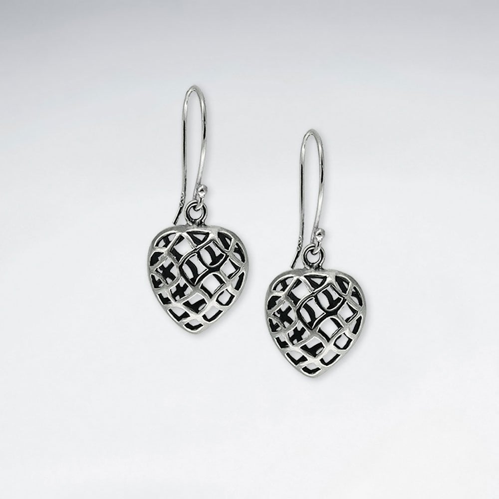 Sterling Silver Crisscross Openwork Dimensional Heart Earrings