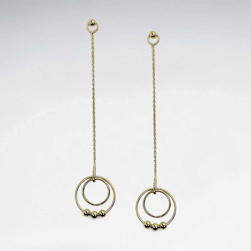 Sterling Silver Double Hoop and Ball Dangle Chain Earrings
