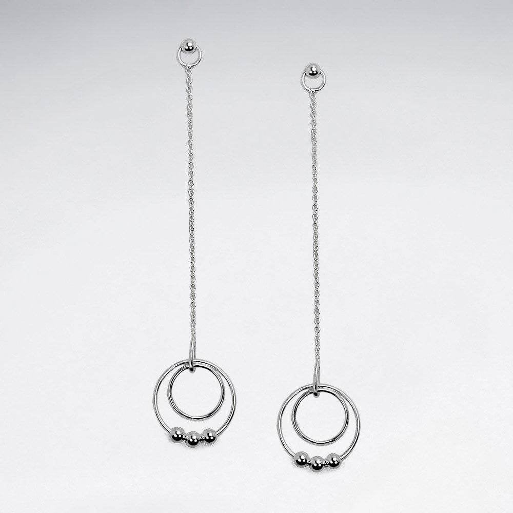 Sterling Silver Double Hoop and Ball Dangle Chain Earrings