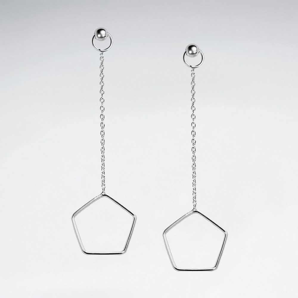 Sterling Silver Chain Stud Openwork Pentagon Shape Dangle Earrings
