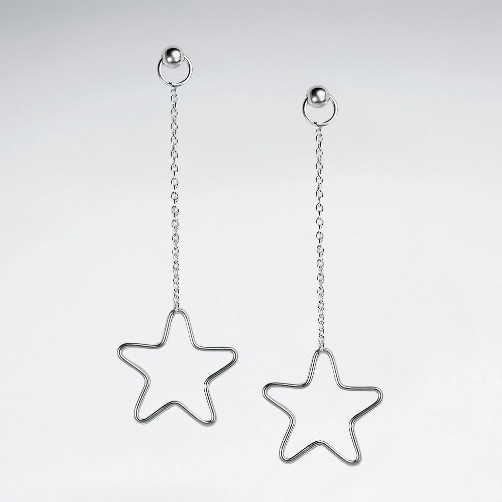 Sterling Silver Chain Stud Openwork Star Silhouette Dangle Earrings